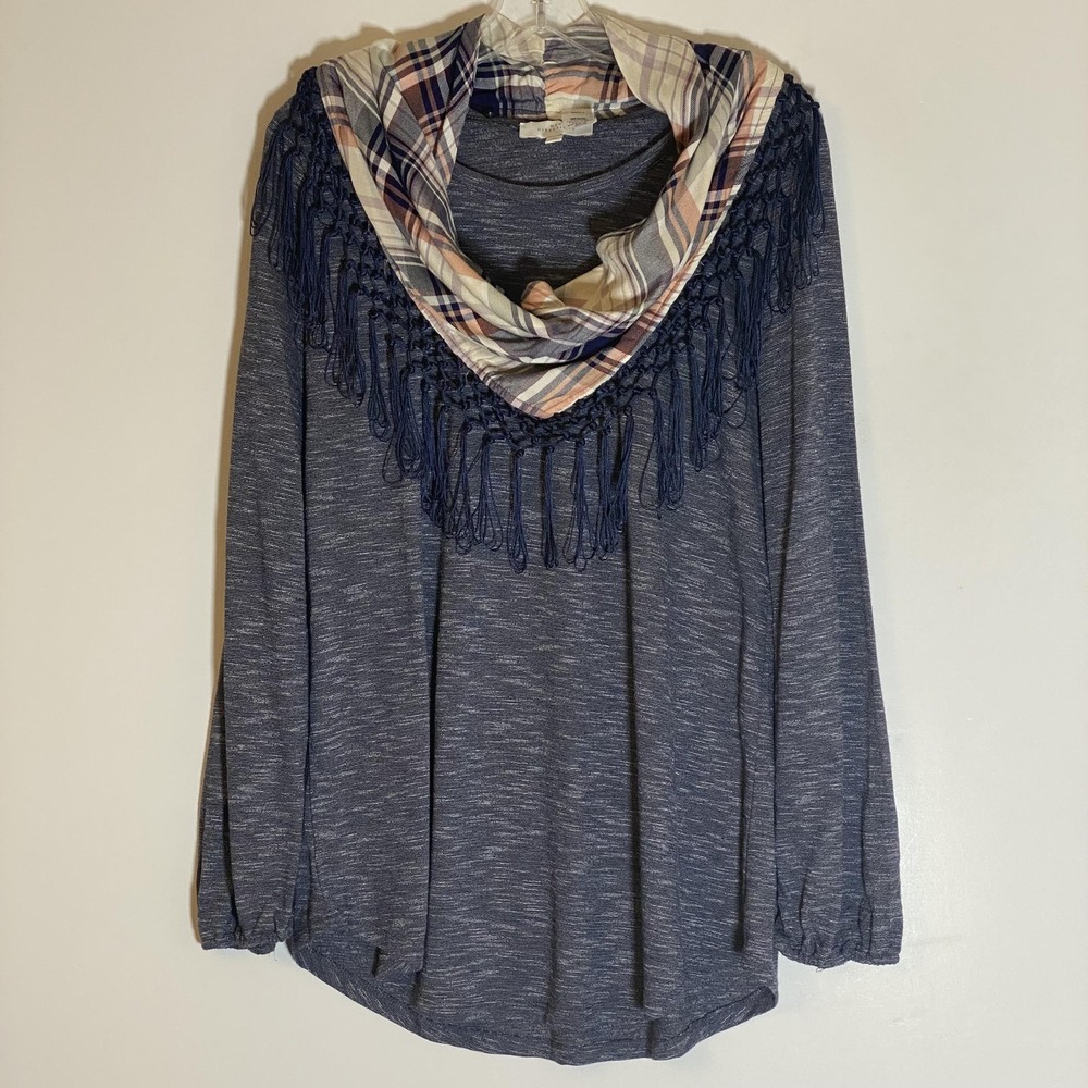 New Directions Top Womens Large Blue Plaid Fringe Scarf Lightweight Long Sleeve